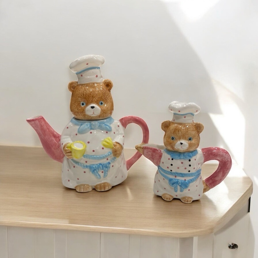 ✨Vintage✨Teddy Bear Ceramic Teapot Set With Creamer
